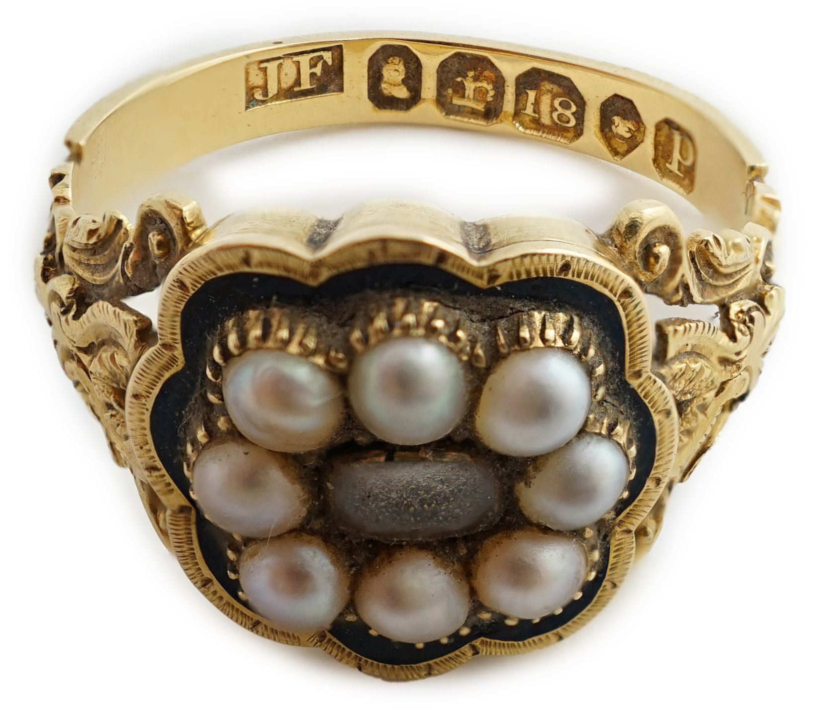 A William IV 18ct gold, split pearl and enamel mourning ring